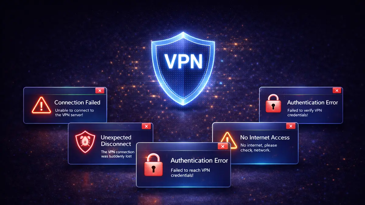 Graphic illustrating common VPN errors and fixes