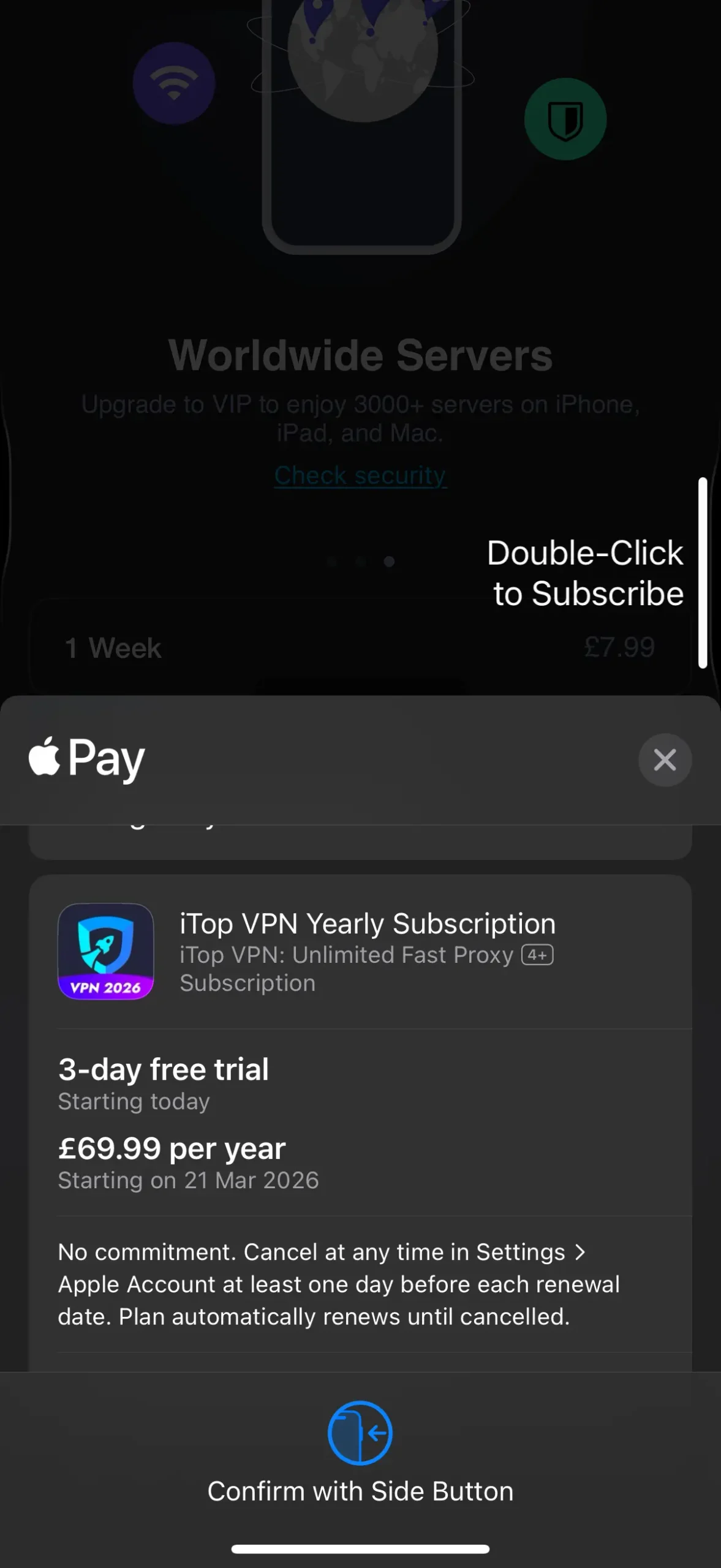 Screenshot of the iTop VPN iOS application showing the three-day premium trial option available only for the one-month and one-year plans