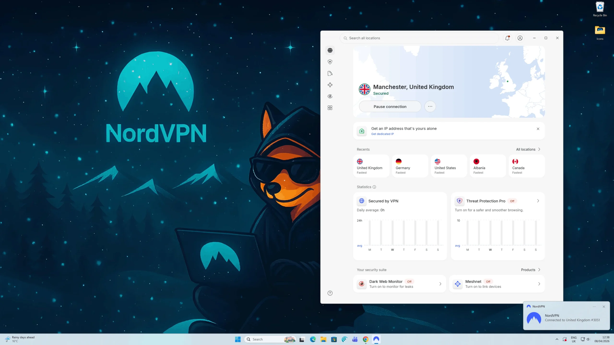 NordVPN connected screen showing the new desktop layout with Ech the Tech Fox visible in the background.