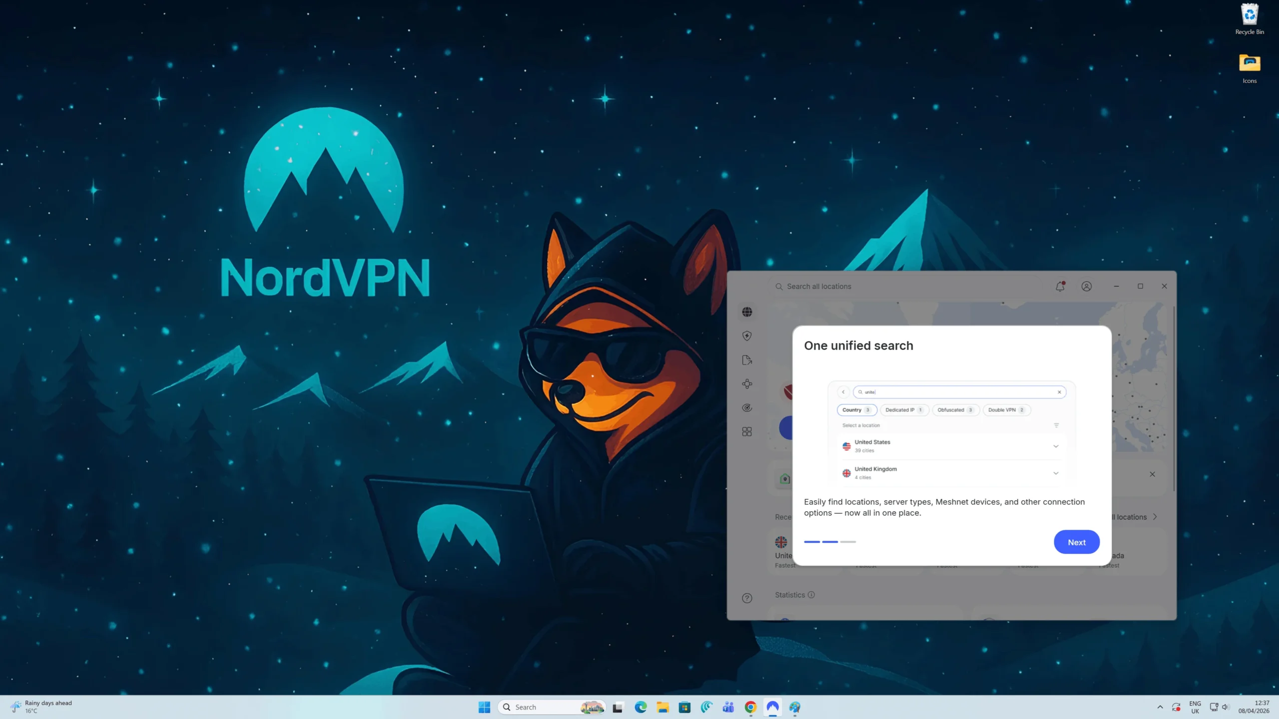 NordVPN onboarding notice about one unified search.