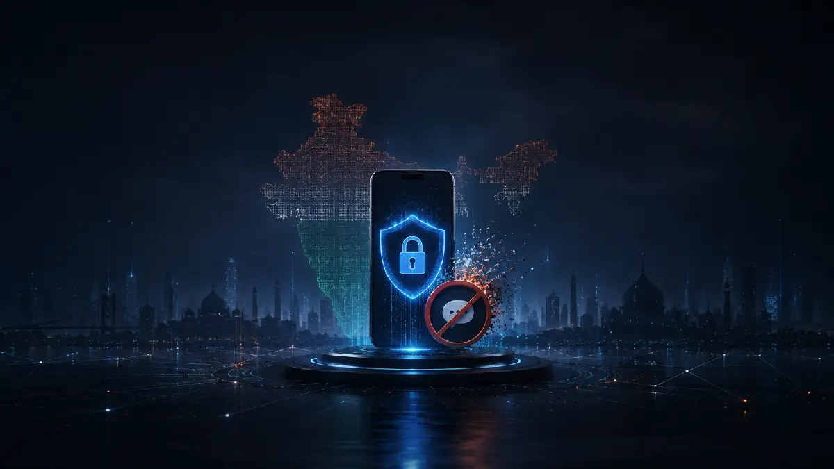 Dark cyber-security illustration of India with VPN privacy, network protection and blocked online access