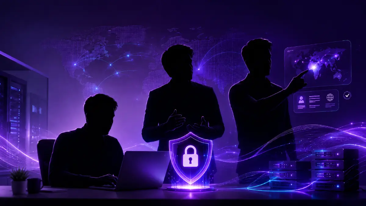 Anonymous silhouettes representing PureVPN's three founders in a purple cybersecurity scene
