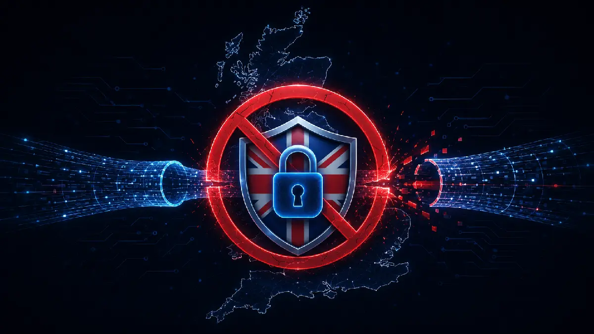 UK VPN ban illustration showing a UK shield and encrypted VPN tunnel beneath a prohibition symbol
