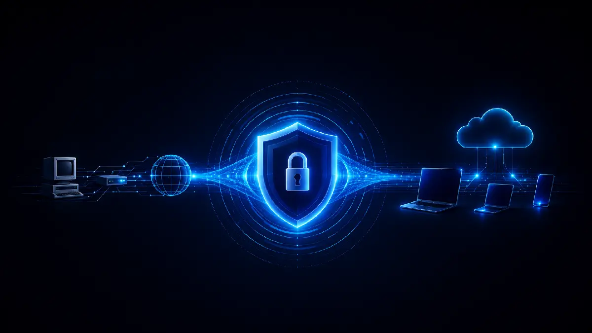 History of VPN technology from an early computer through an encrypted tunnel to modern laptops, tablets, phones and cloud networks