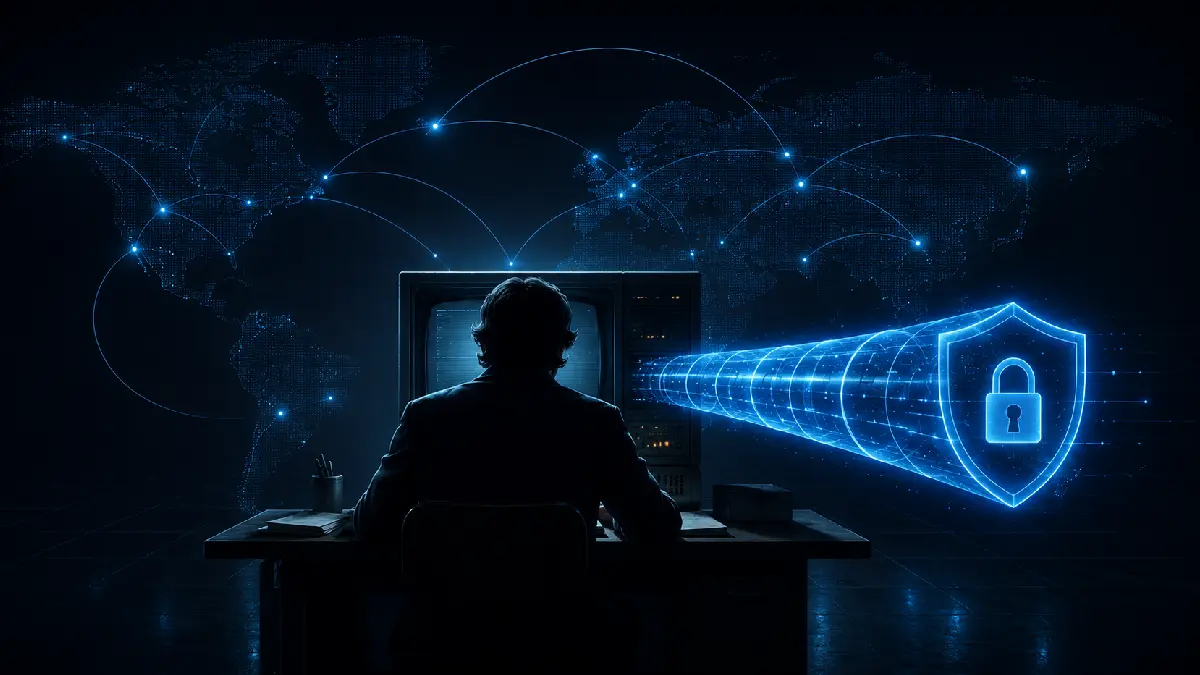 Silhouette of a VPN inventor at a computer creating an encrypted network tunnel across a world map