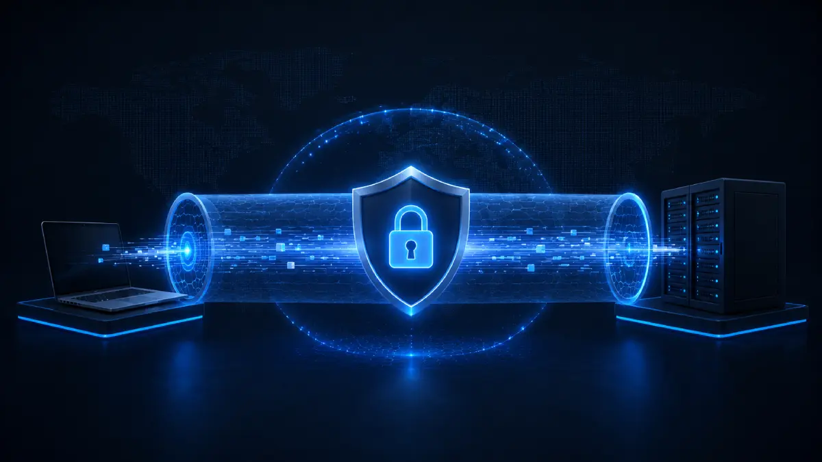 VPN tunnelling explained with encrypted traffic moving through a secure VPN tunnel