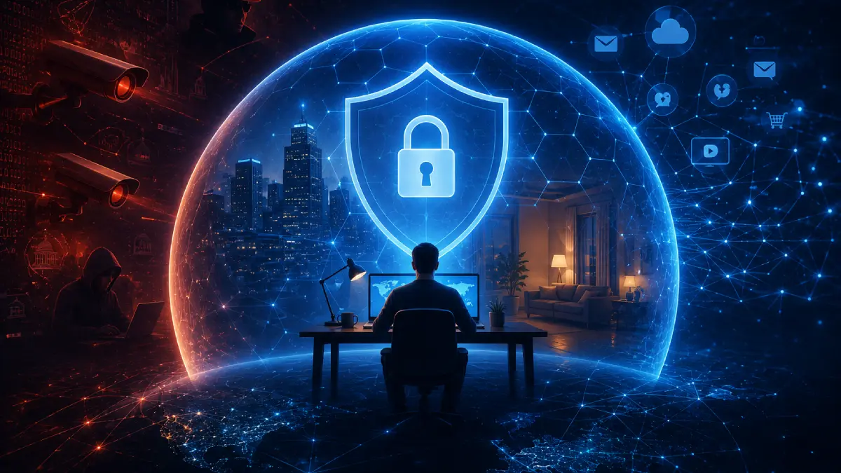 Illustration explaining why VPNs are important for privacy, safer connections and internet access