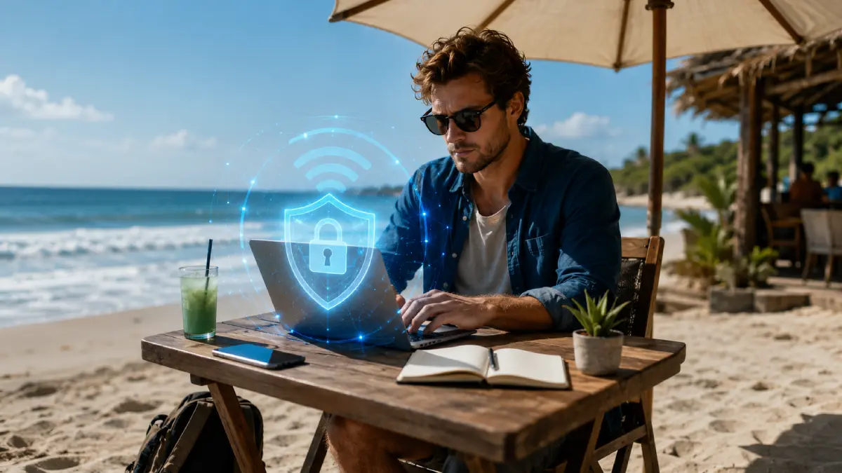 Remote worker using a VPN to protect a laptop connection on public Wi-Fi