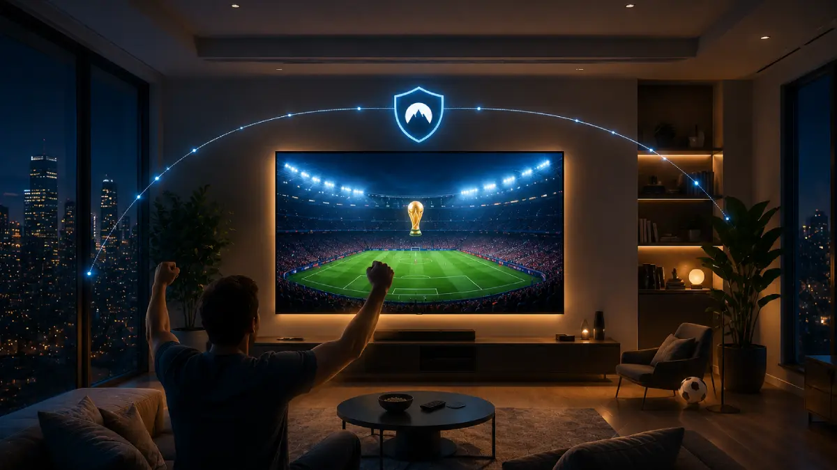 Football fan watching FIFA World Cup coverage securely with a VPN connection