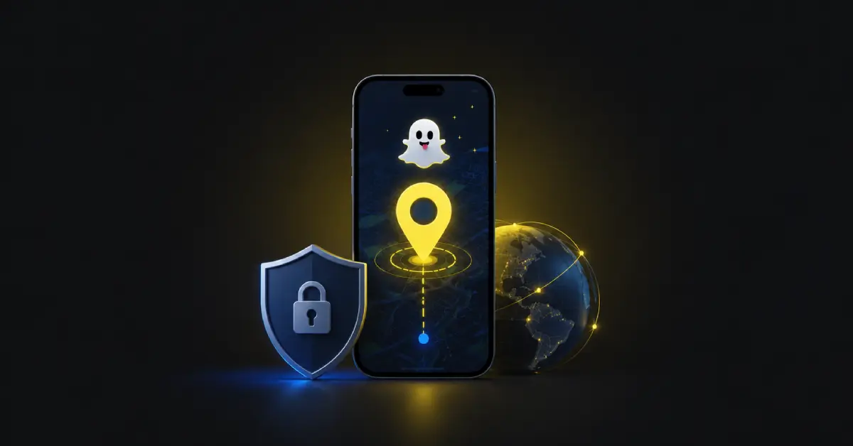 Snapchat location guide illustration showing a phone GPS signal, Snap Map pin and encrypted VPN tunnel